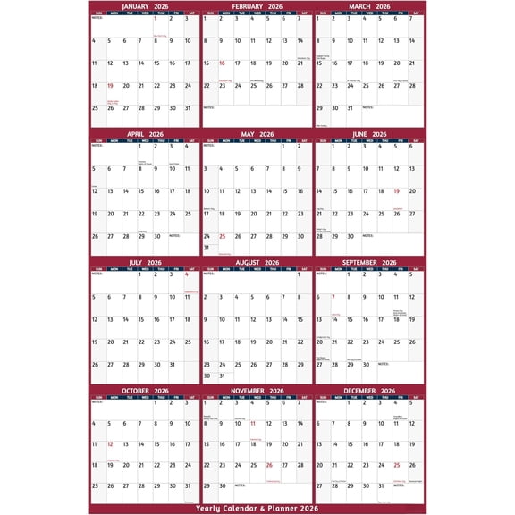 2026 Yearly Wall Calendar - Large Yearly Calendar 2026, Jan 2026 - Dec 2026, 25.2" x 38.2" (Open), 2026 Calendar, Large Wall Calendar 2026, Full Year Paper with Notes, Thicker Paper - Red