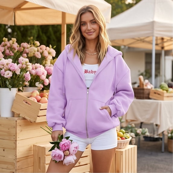 2026 Zip Up Hoodies for Women Fall Winter Casual Sweatshirts Zipper Oversized Lightweight Cute Jackets with Pockets M