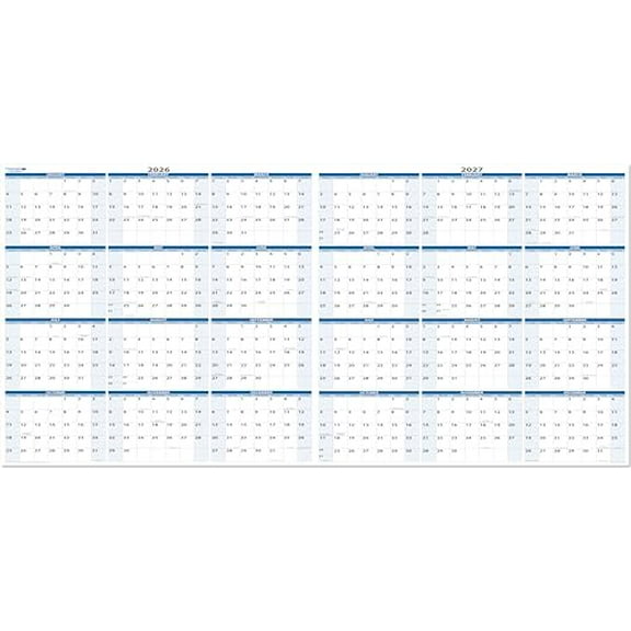 2026 and 2027 2-Year Wet & Dry-Erasable Wall Calendar Planner 24-Month 36" x 75". Complete with fine tip dry-erase marker and eraser
