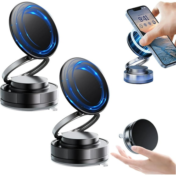 Magnetic Phone Holder with Suction Cup for Car, Retractable Car Phone Mount - 360 Magnetic Holder, Dual-Axis Rotation, for Car/Gym/Mirror/Shower, for iPhone & Android (Black-2pcs)Z