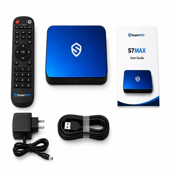 2026 latest superboxS7MX Family Bundle, (5-in-1) 64GB storage box, voice remote control, HD cable, power cord, and user manual