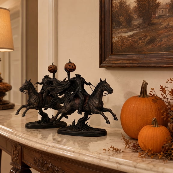 2026 lighted headless horseman statue pumpkin lamp, Spooky Sculpture, Riding Horse Figurine with Warm Glow LED Pumpkin, Halloween Decor for Indoor Tabletop Mantel Shelf Black-1pc