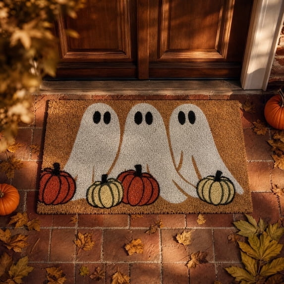 2026 new Summerween Ghost & Pumpkin Coir Doormat, Cute Spooky Halloween Front Porch Rug, Non-Slip Seasonal Entryway Mat for Fall & Summer Decor, 27.5" x 15.7"