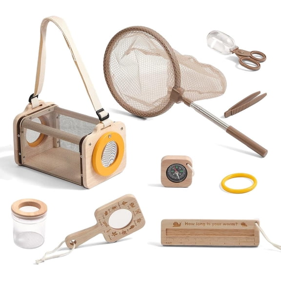 2026 new Wooden Bug Catcher for Kids, 8-in-1 Insect Exploration Set with Butterfly Net, Magnifying Glass, Bug Habitat, Tweezers, Compass,Outside Toys for Toddle