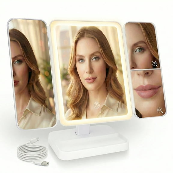White Upgraded Three-Sided Folding Makeup Mirror with Magnification, Adjustable LED Three-Color Lighting, and a Large, Fully Adjustable Shell-Shaped Three-Sided Mirror