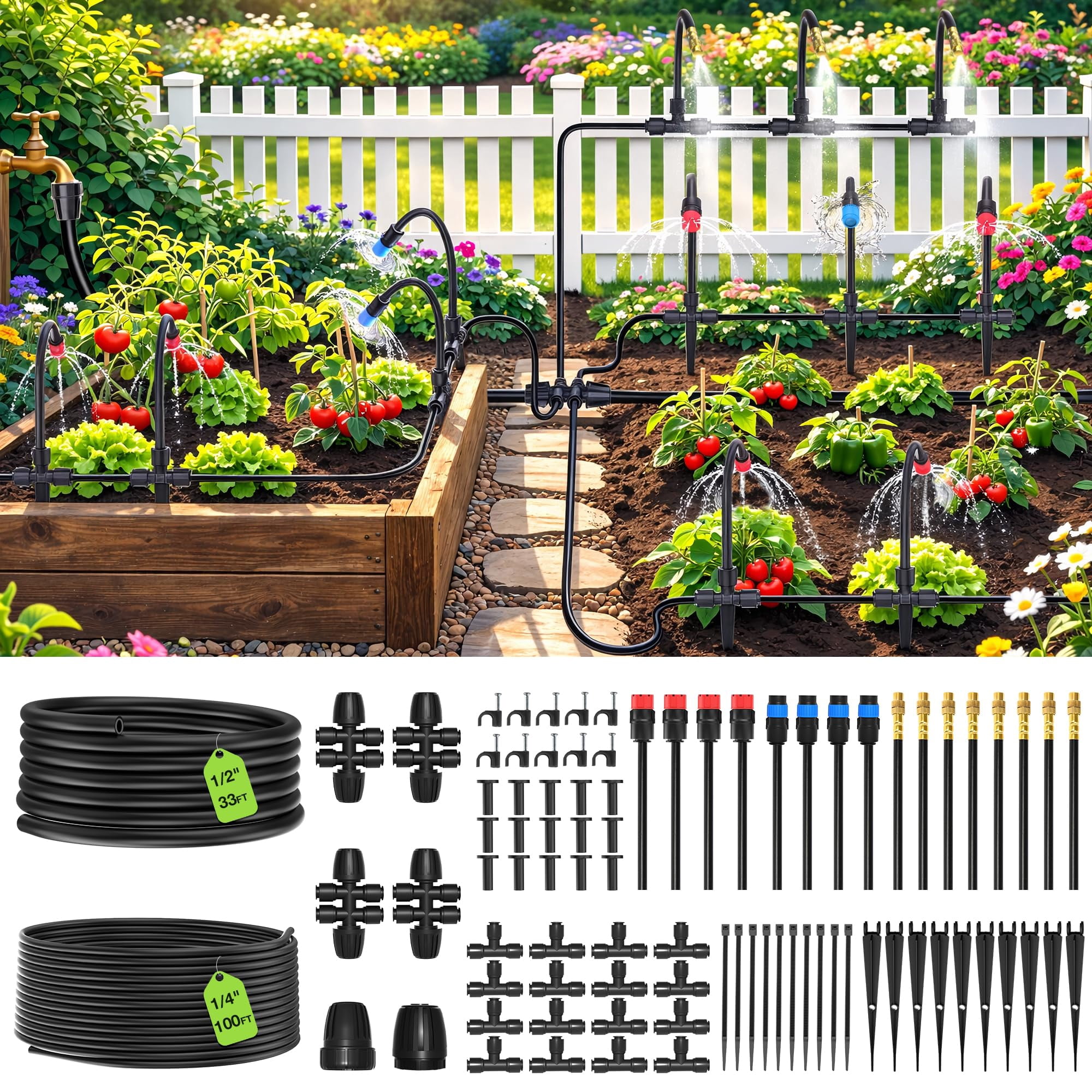 2026-upgrade 360° Adjustable Drip Irrigation System Kit 133ft Bendable ...
