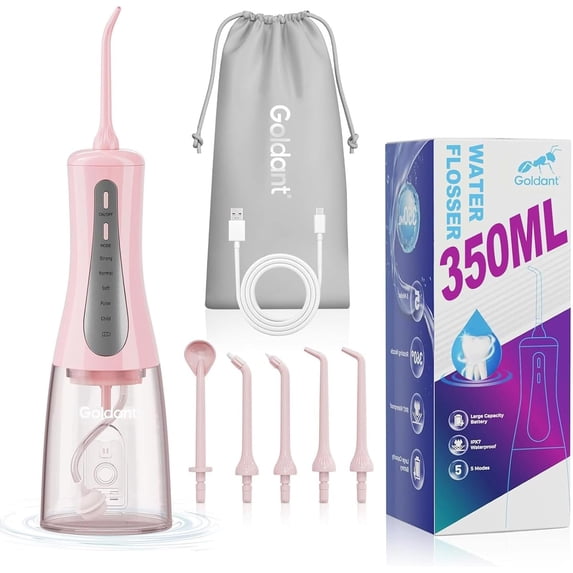2026 upgraded portable wireless water flosser, 350ml water tank and travel storage bag, 5 modes with 7 waterproof, suitable for home and travel, charging electric flosser for teeth cleaning (pink)
