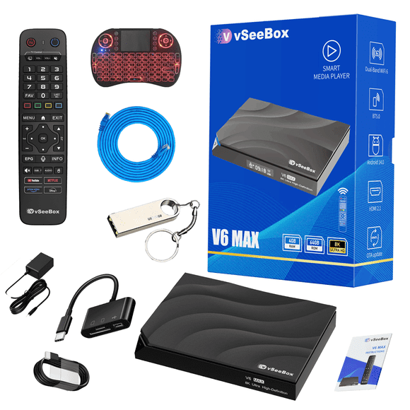 2026 vseebox v6 max, 4GB RAM, 64GB Storage, 8K HDMI cable, Android 14 | Voice Control |WiFi6
