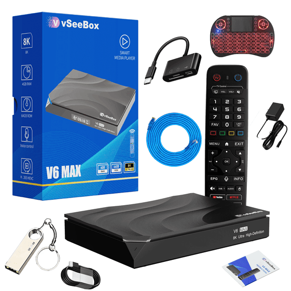 2026 vseebox v6 max, 8K HDMI cable, Android 14 4GB RAM, 64GB Storage, Voice Control |WiFi6