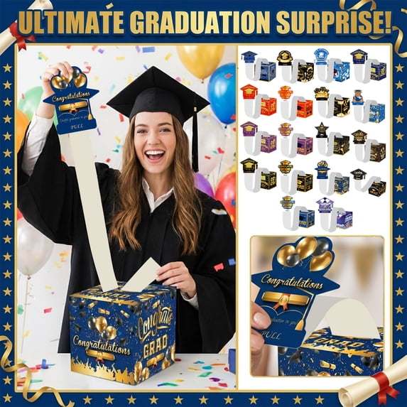 2026Graduation Decorations, BlueandGold Graduation Decorations, Graduation Money Box, Money Pull BoxforCash Gift, Surprise Gift Box, Grad Party Decor, 6X6 In, 1 Pc, 30 Opp