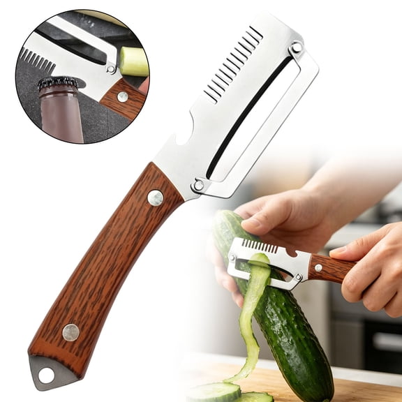 2026New Multi-functional Vegetable Peeler, Ktchen Multi-function Stainless Steel Thickened Fruit Peeler Knife with Wooden Handle, 3-1,Suitable for Peeling Fruits and Shredding Scallions (1Pcs)