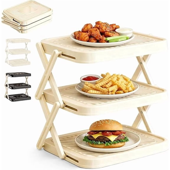 2026TripleHBB Multi-Layer Dish & Prep Tray Storage Rack,Fold-able Serving Tray Stand, 3-Tier Space-Saving Easy to Store for Kitchen Organizer