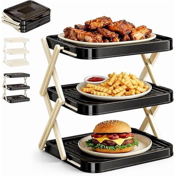 2026TripleHBB Multi-Layer Dish & Prep Tray Storage Rack,Fold-able Serving Tray Stand, 3-Tier Space-Saving Easy to Store for Kitchen Organizer