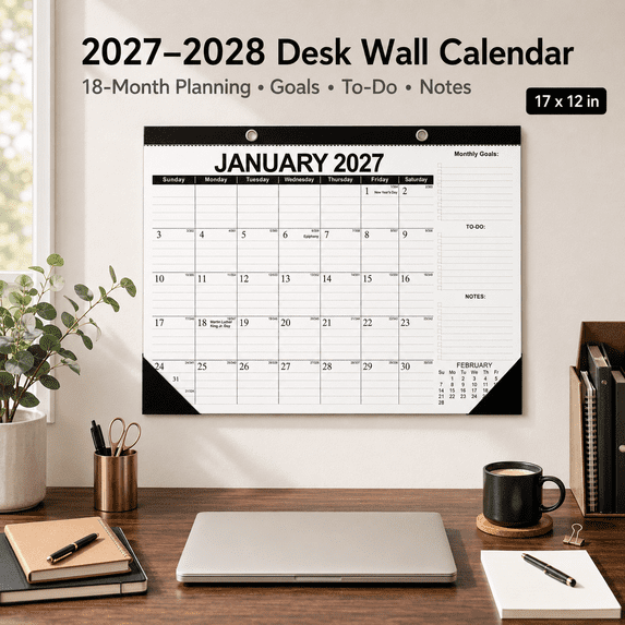 2027-2028 Classic Black Border Desk Wall Calendar, 18 Month Monthly Planner Jan 2027 to Jun 2028, Large Blocks with Goals, To Do & Notes, Minimalist Organizer for Home Office, B