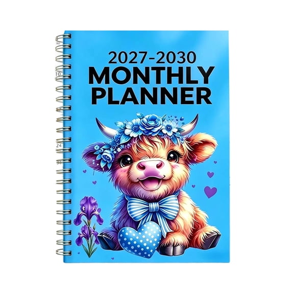 2027-2030 Monthly Planner, 3-Year Highland Cow A5 Notebook, Pink, for Home and Office