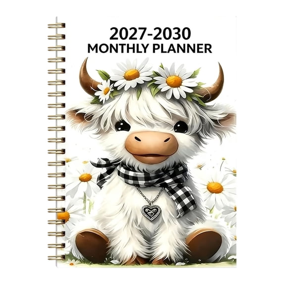 2027-2030 Monthly Planner, 4-Year Calendar with Highland Cow Cover, Spiral Bound Notebook, Spacious Monthly Blocks, Long-Term Goal Organizer for Home, Office, Work, Daily Planning