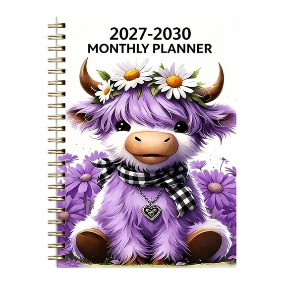 2027-2030 Monthly Planner, 4-Year Calendar with Highland Cow Cover, Spiral Bound Notebook, Spacious Monthly Blocks, Long-Term Goal Organizer for Home, Office, Work, Daily Planning