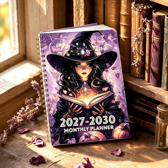 2027 2030 Monthly Planner 4 Year, Coil Bound Calendar Journal, Witch Pattern Goal Organizer