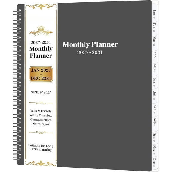 2027-2031 Monthly Planner/Calendar - Jan 2027 - Dec 2031, 5 Year Monthly Planner with Tabs & Celebrity Quotes, 9" x 11", Famous Quotes, Two-Side Pocket, Suitable for Long-Term Planning, Grey