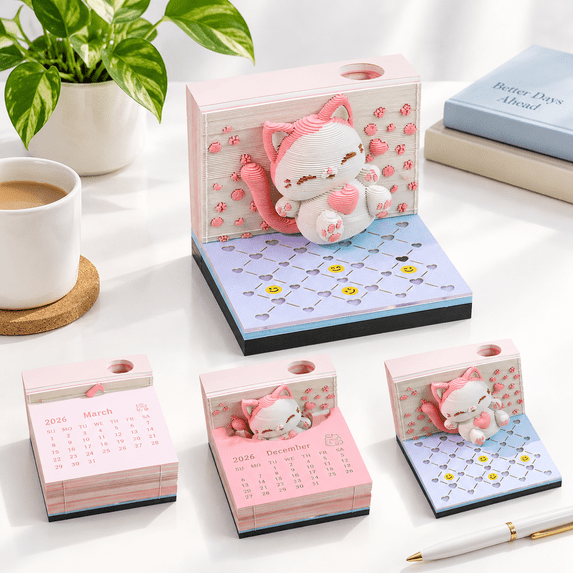 Led Design Plan 2027 3D Desk Calendar with Jumping Cat Design, LED Light, -Off Memo Pad ...