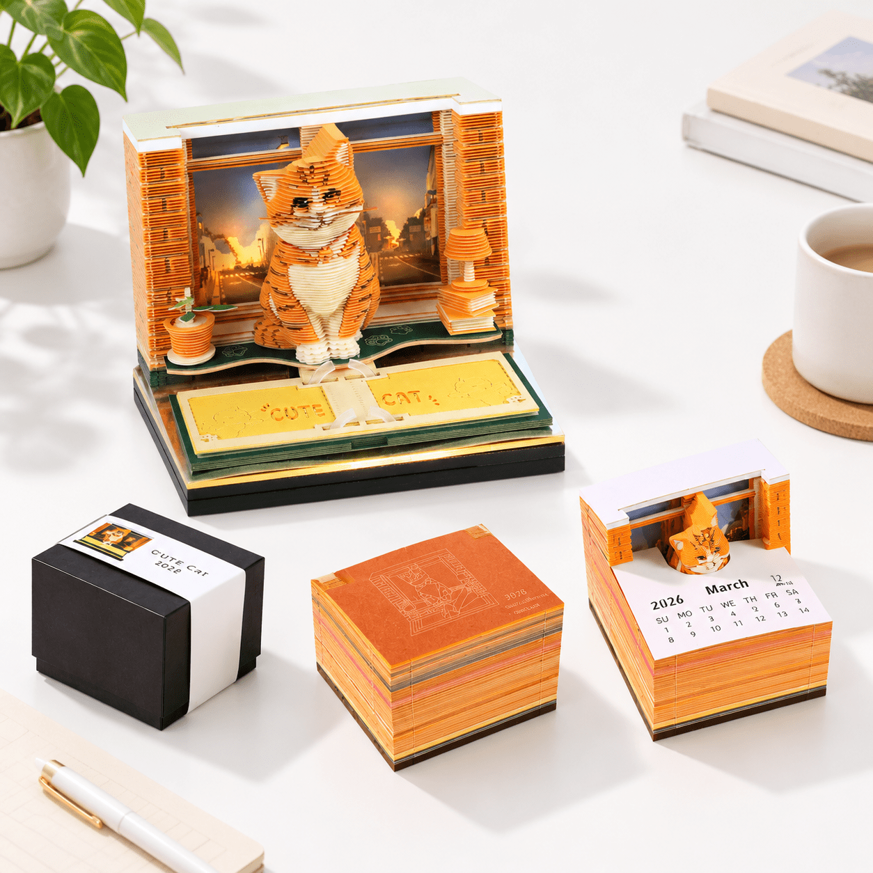 2027 3D Desk Calendar with LED Lights, Orange Cat, Creative -Off Memo ...