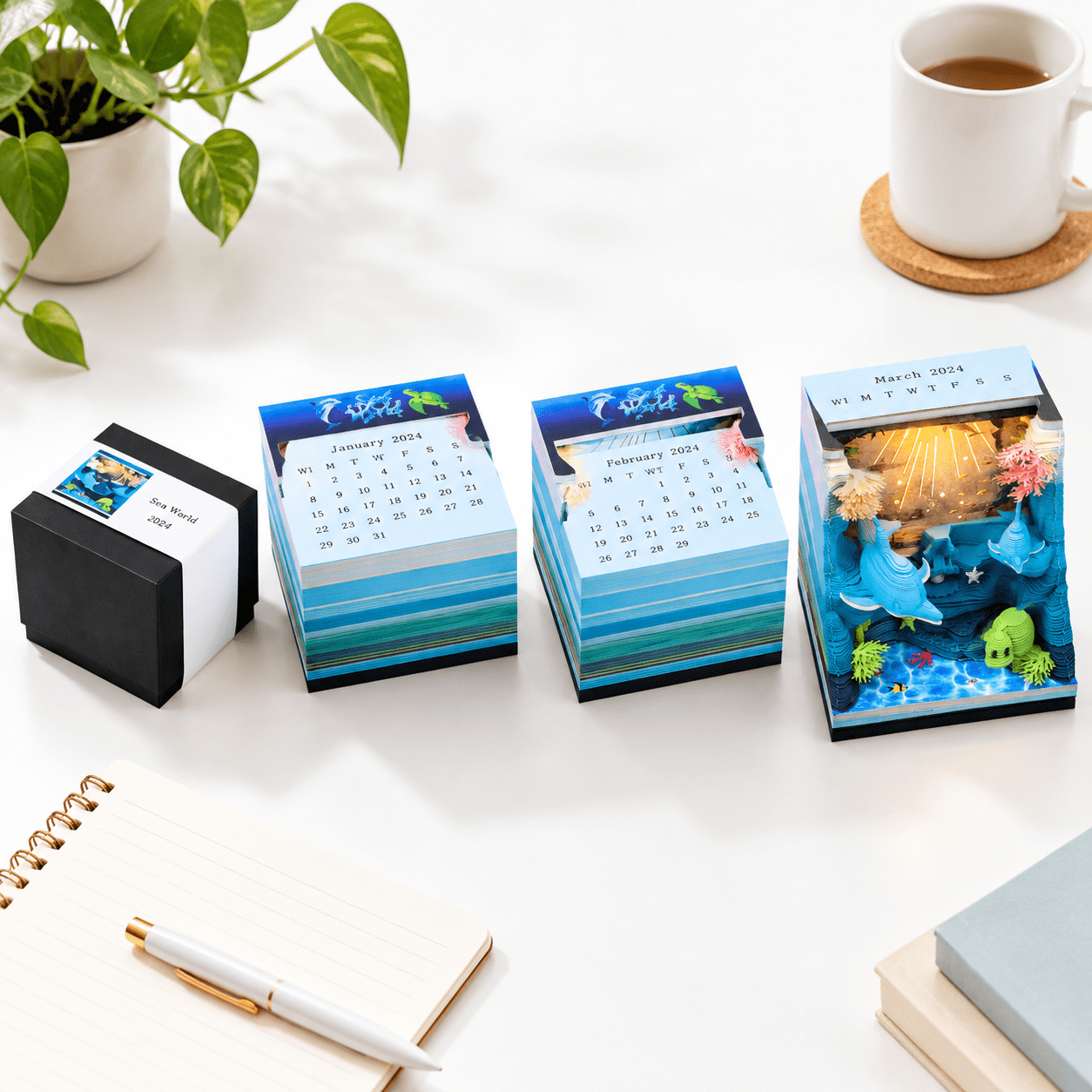 2027 3D Desk Calendar with Sea World Design, LED Light, -Off Memo Pad ...