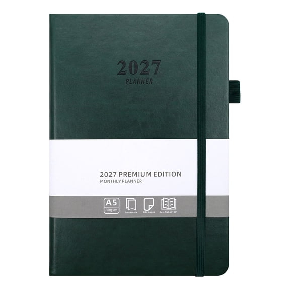 2027 A5 Daily Planner, Green PU Leather Hardcover, 384 Pages, Storage Pocket – Yearly Organizer for Work & Home