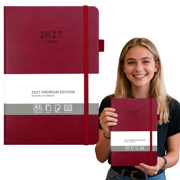 2027 A5 Yearly Planner, 365-Day English Calendar Notebook, 384 Pages, with Leather Cover for Time Management and Organization