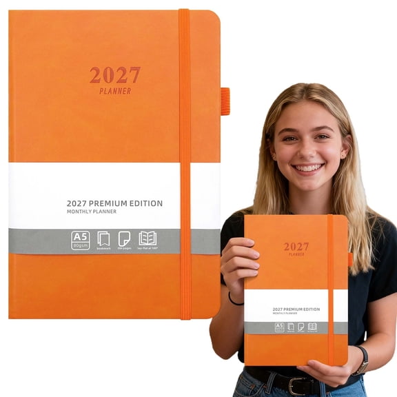 2027 A5 Yearly Planner, 365-Day English Calendar Notebook, 384 Pages, with Leather Cover for Time Management and Organization
