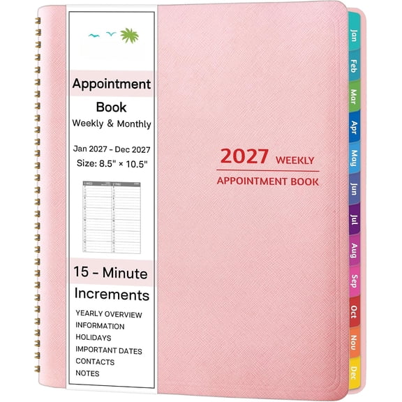2027 Appointment Book - January - December 2027, Appointment Planner with Weekly & Monthly Spread, 8.5'' x 10.5'', Large, 15 Minute Increments, 2027 Daily Planner with Pockets, Tabs, Soft Cover