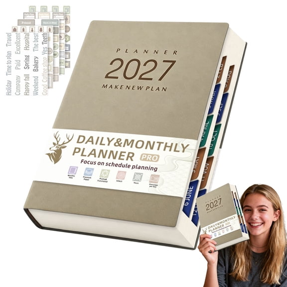2027 Business Style Leather Daily Monthly Planner, Thick Ink-Proof Pages with Ribbon Bookmark & Planning Stickers for Office Staff Business Meeting Schedule Management,A
