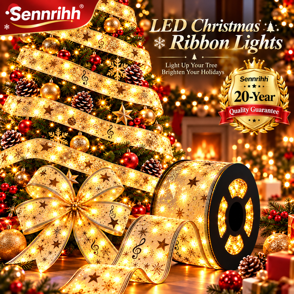 Xmas Rippon 2027 Christmas Tree Ribbon String Lights, Golden Mesh LED Battery ...