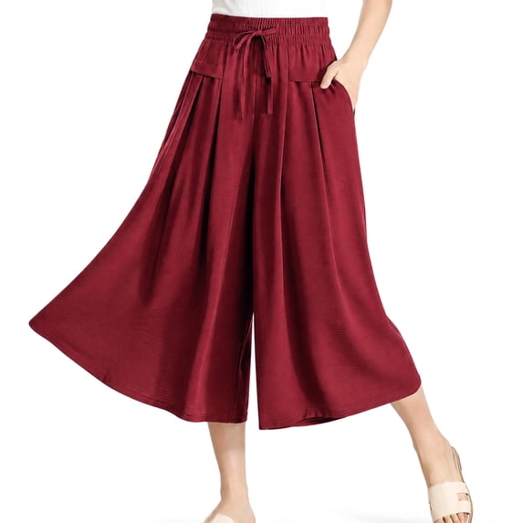 2027 Culottes Pull-On Capri Culottes for Women, Drawstring Loose Fit Summer, Women's Linen Pants High Waist A-Line Wide Leg