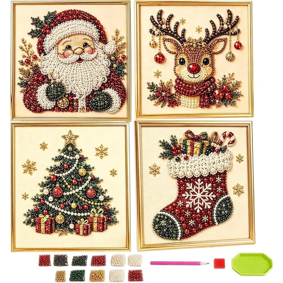 2027 DIY Christmas Pearl Diamond Painting Art Kit with Frame, 3D Pearl Art Craft Kits for Adults Beginner, Holiday Gemstone Diamond Dots Beads for Home Wall Decor, Stress Relieving