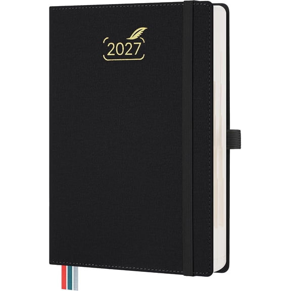 2027 Daily Planner One Page Per Day (A5 6"x8.5") Full Weekend Space | 2-Column Day Planner (Jan-Dec) Dual Schedule for Work Life Balance, Monthly Agenda Tabs, PU Leather Hardcover, Black