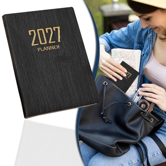 2027 Daily Weekly Monthly Planner, A7 Hardcover Leather Texture Appointment Notebook, Gold Foil Embossed Agenda Book, Thick Paper Goal Organizer Journal, Portable Office Schedule Planner