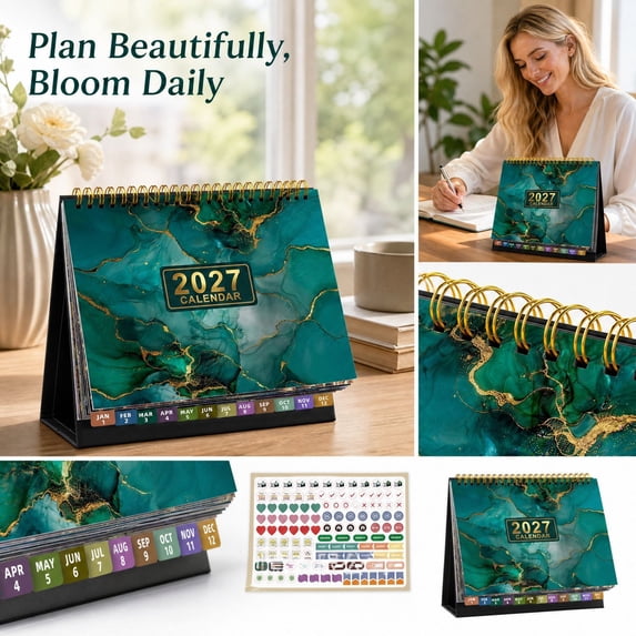 2027 Desk Calendar, 12-Month Floral Desktop Flip Calendar, January to December Monthly Planner with Twin Wire Binding, Home Office Schedule Organizer