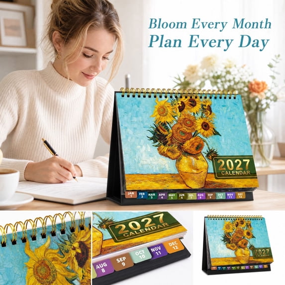 2027 Desk Calendar, 12-Month Floral Desktop Flip Calendar, January to December Monthly Planner with Twin Wire Binding, Home Office Schedule Organizer