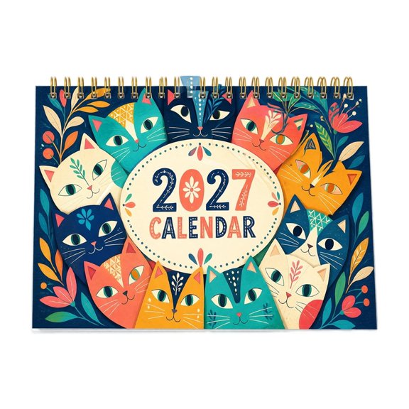 2027 Desk Calendar, 8.27 x 5.51 In Large Spiral Bound Monthly Planner with Colorful Cat Art for Home Office Decor