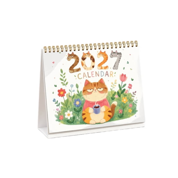 2027 Desk Calendar, 8.27 x 5.51 In Large Spiral Bound Monthly Planner with Orange Cat Coffee Art for Home Office Decor