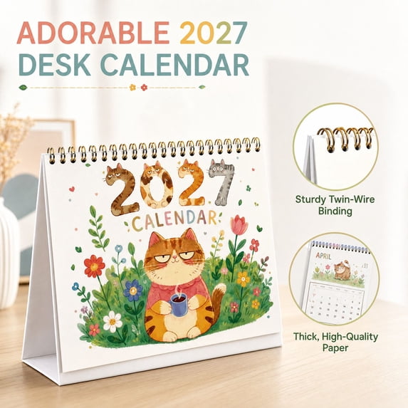2027 Desk Calendar with Cute Cat Illustration and 12-Month Layout, Wire ...