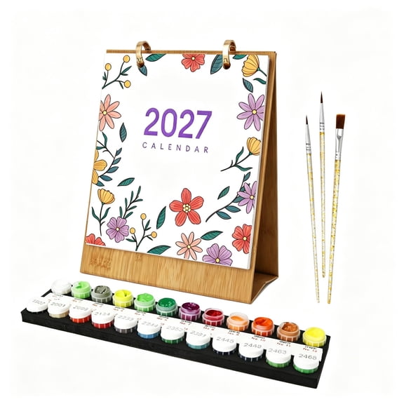 2027 Desktop Calendar Diy Paint by Number Floral Design 12 Month Artistic Home Office Planner Creative Handmade Gift Set