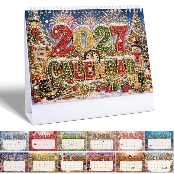 2027 Diamond Art Desk Calendar, Seasonal Holiday Diamond Painting Table Calendar with Stand, 12 Monthly Designs DIY Rhinestone Desk Calendar for Home Office Table Decor & New Year Gift