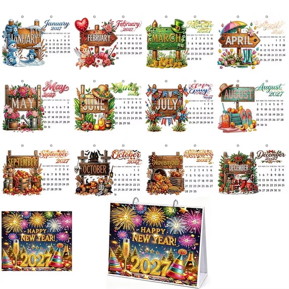 2027 Diamond Art Wall Calendar, 12 Monthly Four Seasons Sign, DIY Diamond Painting Hanging Calendar Jan-Dec 2027, Spiral Binding Wall Calendars Planner for Home Office