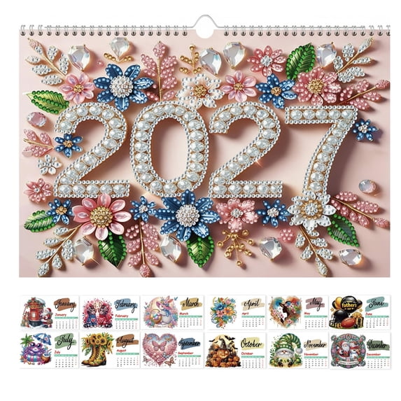 2027 Diamond Painting Calendar, DIY Wall Hanging Seasonal Monthly Calendar Kit, New Year Theme Craft for Home Decor