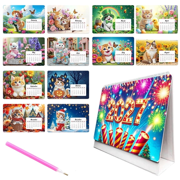 2027 Diamond Painting Desk Calendar Kit, DIY Diamond Art Table Calendar with Floral Cat Dog Gnome Owl Patterns, Handmade Diamond Dotz Stand Calendar for Office Home Decor Craft Gift