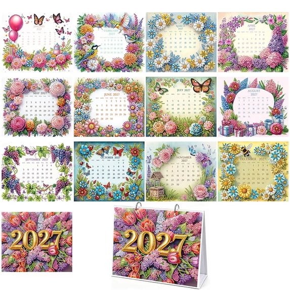 2027 Diamond Painting Wall Calendar Kit for Adults, DIY 12-Month Seasonal Holiday Calendar, Flower Wreath Art Hanging Decor Gift Set for Christmas Easter Halloween