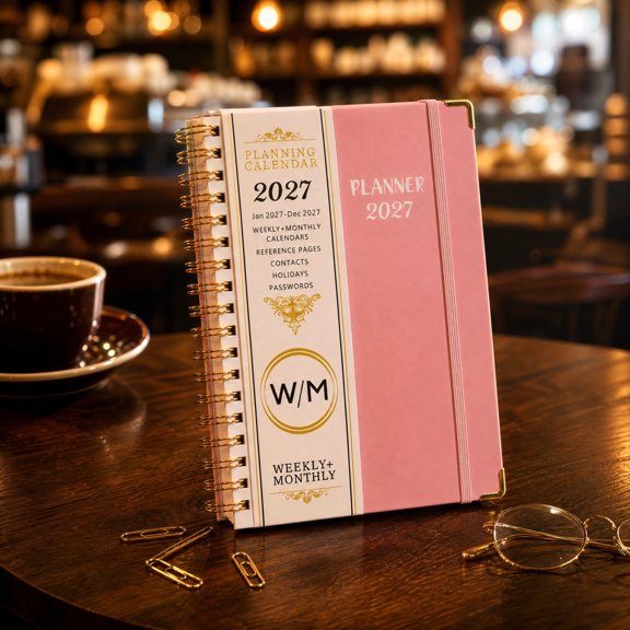 2027 English Planner Notebook, A5 Spiral Schedule Book with Divided Pages, Portable Daily Weekly Monthly Organizer for Work Travel Meetings Plans and Personal Goals, Pink
