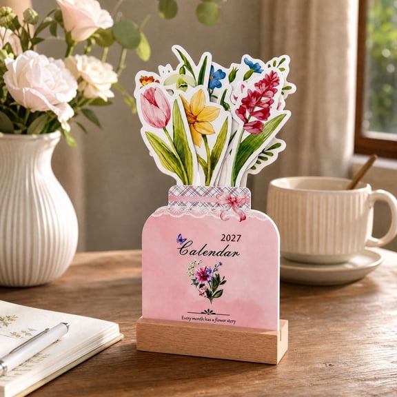 2027 Floral Desk Calendar, Flower Shaped Monthly Planner with Wooden Base, Decorative Tabletop Schedule Organizer for Home Office Vanity and Study Space