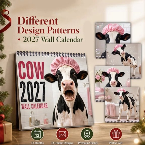 2027 Funny Cow Wall Calendar, Farm Animal Photo Monthly Planner with Spiral Binding and Date Blocks, Quirky Cow Pictures Hanging Calendar for Kitchen, Barn Office and Cow Fans